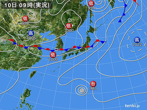 8月10日AM9時の実況天気図
